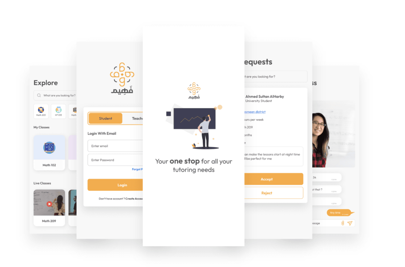 Final Faheem screens: explore, login, onboarding and requests