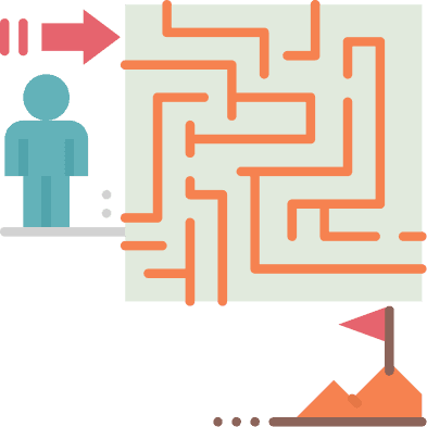 Illustration of a person facing a maze with a flag at the exit