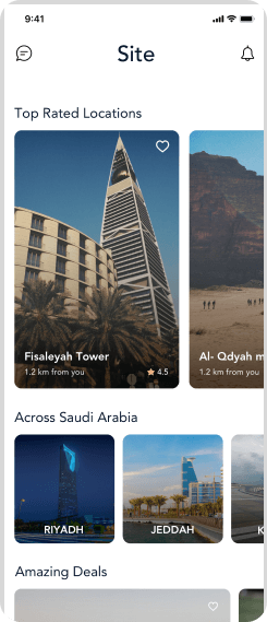Site app home screen listing top rated locations across Saudi Arabia