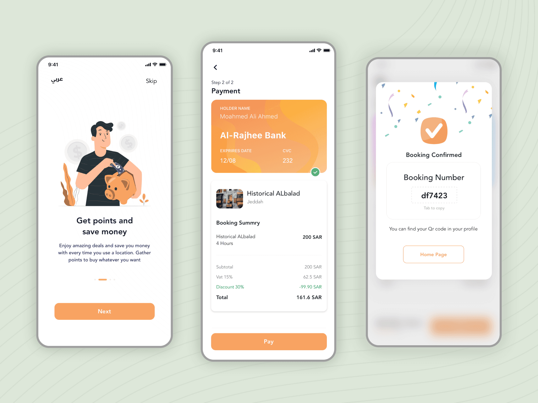 Final Site app screens: points rewards, payment and booking confirmation